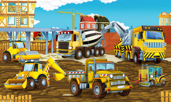 cartoon scene with different construction site vehicles - illustration for children