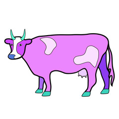 A cow with an udder. Illustration in pink tones. Isolated image on white background. Vector.