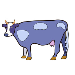 A cow with an udder. Illustration in purple tones. Isolated image on white background. Raster.