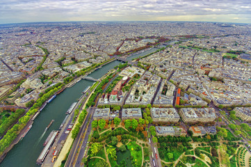 aerial view of Paris city and Seine river from Eiffel Tower