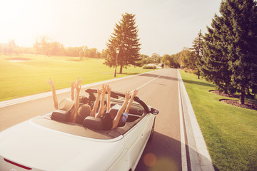 Relax chill destination, auto vehicle rent, speed ride, students lifestyle. Festive joyful ladies...