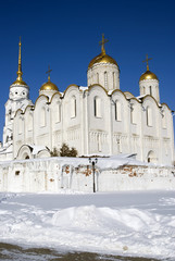Fototapeta na wymiar Assumption church in Vladimir town, Russia, famous by its frescoes painted by Andrey Rublev. Popular landmark. 