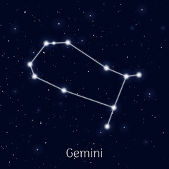 Sign zodiac gemini, night sky background, realistic. Astrological symbol of energy, curiosity and work. Vector illustration of ancient sacral theme