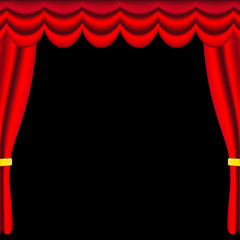Red georgeus curtains and draperies with gold ribbens on black background