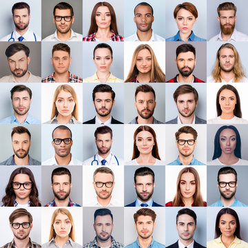 Collage of many diverse, multi-ethnic people's close up heads, beautiful, attractive, handsome, pretty expressing concentrated, thoughtful, dreamy emotions, isolated on grey background
