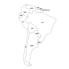 Political map of South America. Simplified thin black wireframe outline with national borders and country name labels. Vector illustration.