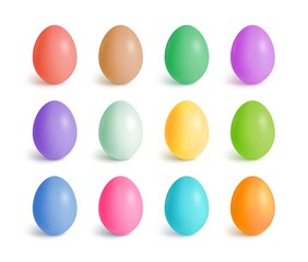 Easter multicolored eggs. Set realistic eggs on white background. Famous symbol of holiday, Easter template. Vector illustration