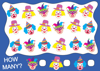 Counting educational game for children. How many clowns? Mathematic