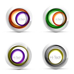 Set of digital techno spheres - web banners, buttons or icons with text. Glossy swirl color abstract circle design, hi-tech futuristic symbols with color rings and grey metallic element