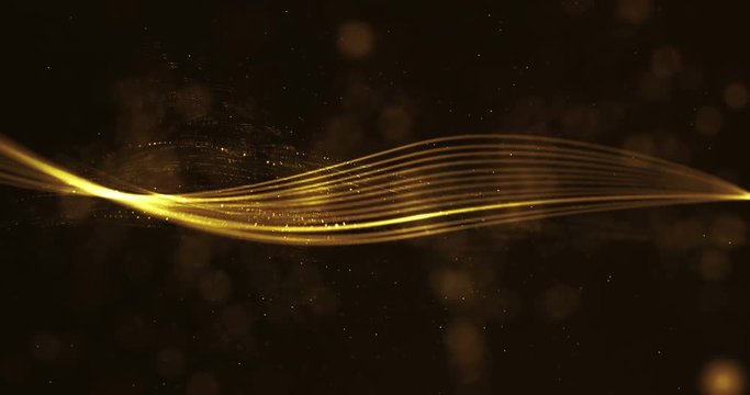 abstract christmas digital golden glitter sparks golden particles with wave lines shape flowing movement on black background, holiday festive happy new year event