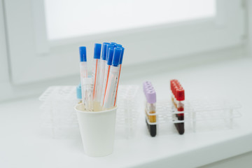Medical equipment. Test tubes of centrifuge machine with blood and plasma in hematology laboratory....