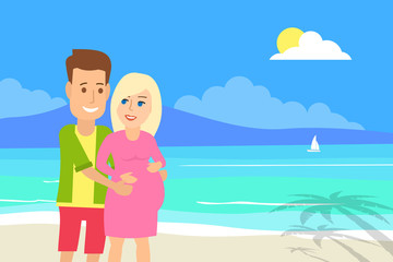 couple man and pregnant woman on tropical beach