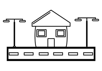 Street with city lamps and house icon over white background, vector illustration