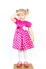 Little girl 3 years old in a red dress with bows in her hair. Beautiful girl in a beautiful fluffy dress posing against a white wall.