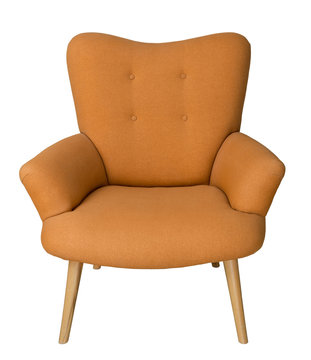 French orange wingback armchair with wooden legs isolated on white background including clipping path