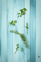 fresh herbs on a turquoise wooden background