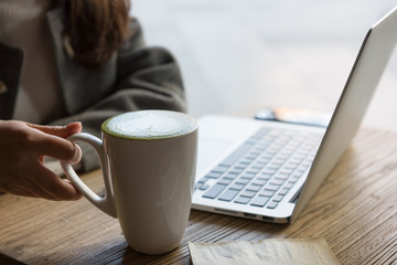 Computer Work. Business Woman Working At Cafe. Freelance, Communication. Keyboard, display.