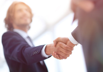 Two businessman shaking hands greeting each other