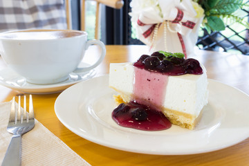 Blueberry Cheese pie with coffee ready for the day.