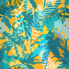 Colourful trendy seamless exotic pattern with palm and tropical plants. Modern abstract design for paper, wallpaper, cover, fabric and other users. Vector illustration.