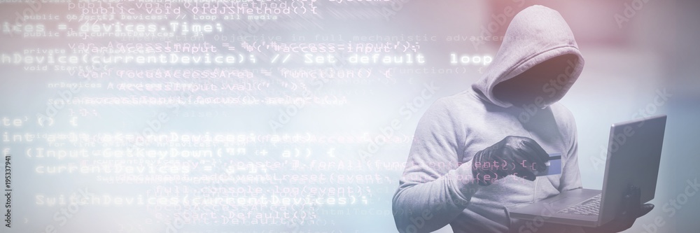 Poster composite image of hacker using credit card for cyber crime