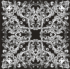 white on black square design with symmetric floral elements