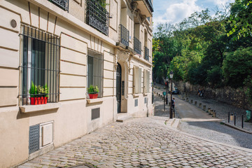 View of the old street in the Montmartre quarter in Paris, France.