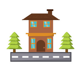 Two floors house with pine trees and the street  over white background colorful design vector illustration