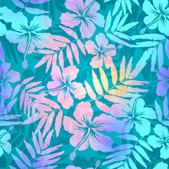 Turquoise blue and pink colors tropic flowers and leaves silhouettes vector seamless pattern