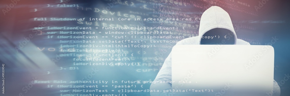 Poster composite image of hacker using white laptop at table