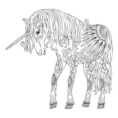 Unicorn. Hand drawn fantasy horse. Sketch for anti-stress adult coloring book in zen-tangle style. Vector illustration for coloring page.