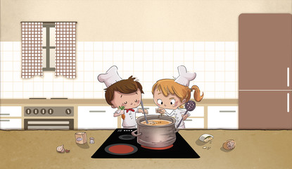 Niños cocinando en la cocina