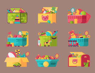 Boxes full kid toys cartoon cute graphic play childhood baby room container vector illustration
