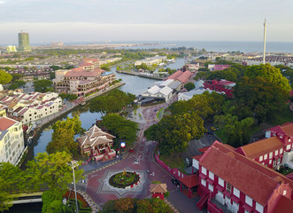 Obraz premium Aerial view of Malacca city during sunrise.