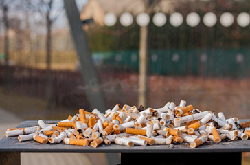 Cluster of cigarette butts gathered from smokers