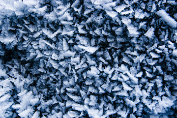 Frozen sharp little ice crystals close up, abstract blue winter background