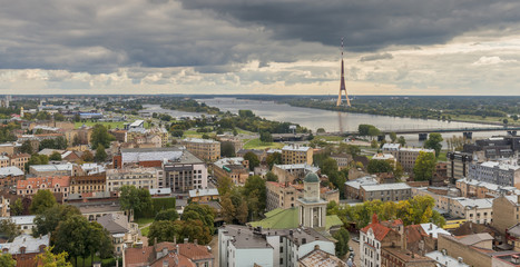 Aerial view on the center of Riga - capital and largest city of Latvia, a major commercial, cultural, historical and financial center of the Baltic region