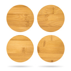 Set of wooden beverage coaster isolated on white background. Abstract Wood pad for put your mug. ( Clipping path ) - obrazy, fototapety, plakaty