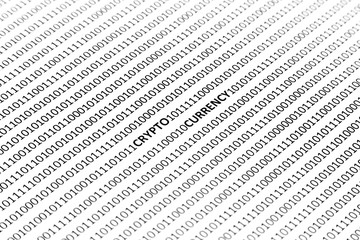 A crypto currency concept image consisting of digital code and the words, 