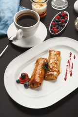 Caramel pankaces served on white platter, closeup