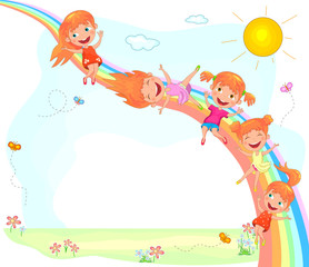 Joyful children and a rainbow.Funny cartoon children play on nature 