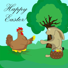 the Easter Bunny takes the egg from the chicken