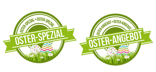 Osterspezial und Osterangebot - Siegel mit Ostereier und Blumenwiese.