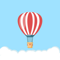 Obraz premium Balon na ogrzane powietrze w niebo z chmurami na białym tle. Kosmonautyka z dnem. Ilustracja kreskówka płaski wektor