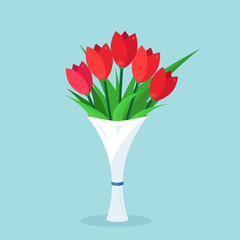 Bouquet of red tulip, bunch of flowers isolated on background. Gift, present, surprise for mothers. Woman day, birthday, wedding concept.Spring holiday. Vector flat design