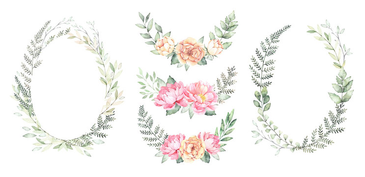 Watercolor illustration. Botanical wreaths with green branches and peonies. Spring mood. Floral Design elements. Perfect for invitations, cards of international women's day, prints and posters