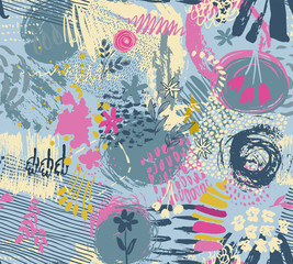 Seamless pattern with hand drawn abstract ink texture and floral nature motif.