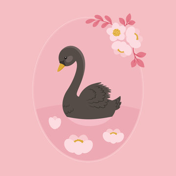 Black swan swimming in floral lake
