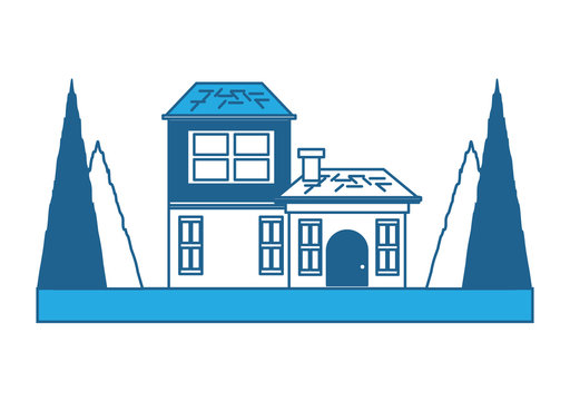 Two Floors House With Trees Around Over White Background, Blue Shading Design. Vector Illustration