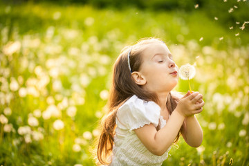 Small girl blowing dandelion